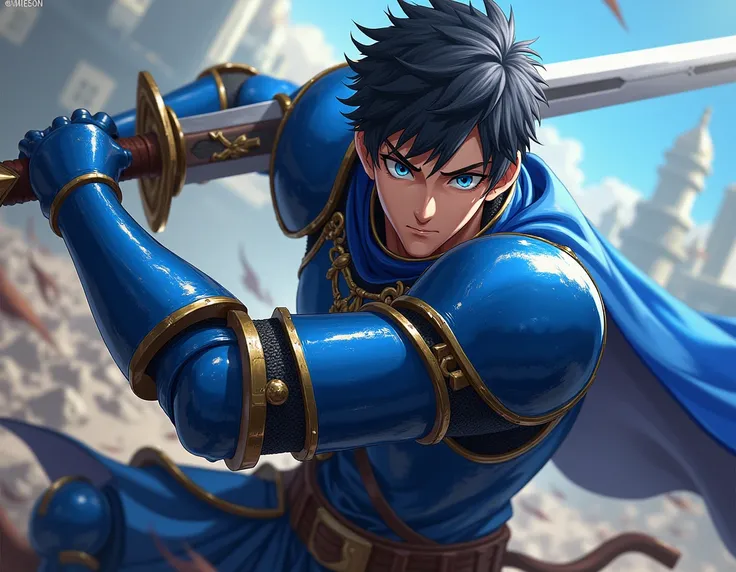 Make a full body man in realistic anime style. Short messy black hair, blue eyes, evil face, tanned skin. Wearing knight armor, with royal blue cape. Fighting with sword