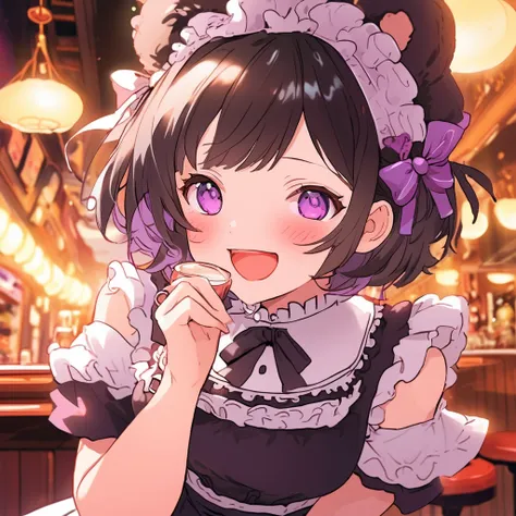 lineart, infrared filter, {worst quality, low-quality}, Photo of a girl in a maid cafe, ((Bear-eared chemomimi girl:1.4)), (((Black short hair:1.3))), plump shiny lips, (beautiful purple eyes), make a heart shape with hands,  ((Perfect hand:1.2)), wearing ...