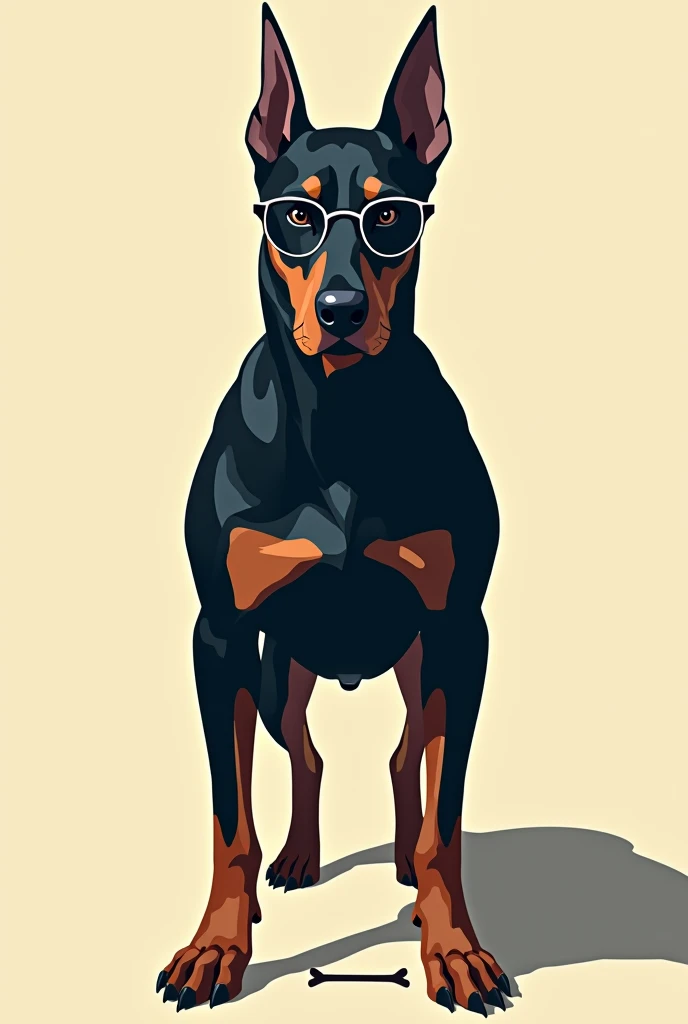 Generate a Doberman with glasses and looking straight ahead and without details or gradients, bone of a single color (negro) As a shadow 