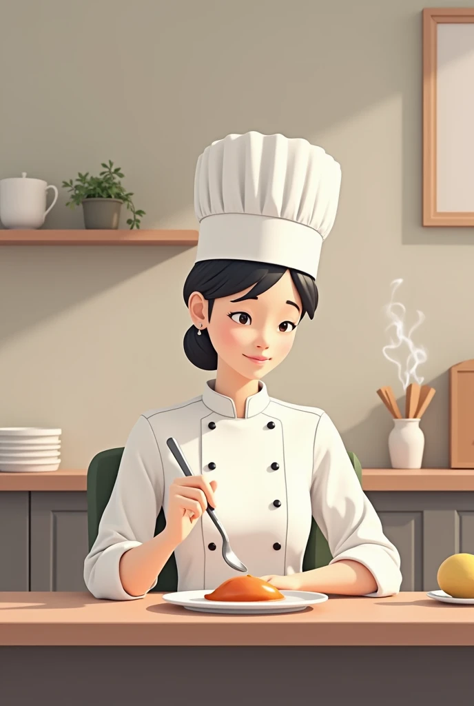 Create an animated image thats not so detailed and minimalist of a female chef eating her lunch in a corner of the kitchen, That you are wearing your chefs hat and that you are sitting 