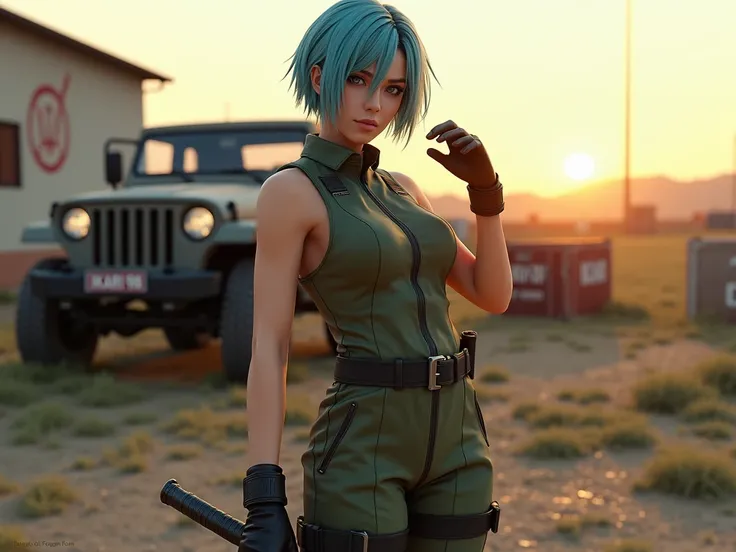 A realistic cosplay portrayal of Leona Heidern from The King of Fighters, designed with exceptional detail and grounded in a modern, real-world setting. The model embodies Leona’s iconic look, wearing her signature military-inspired outfit: a green, sleeve...