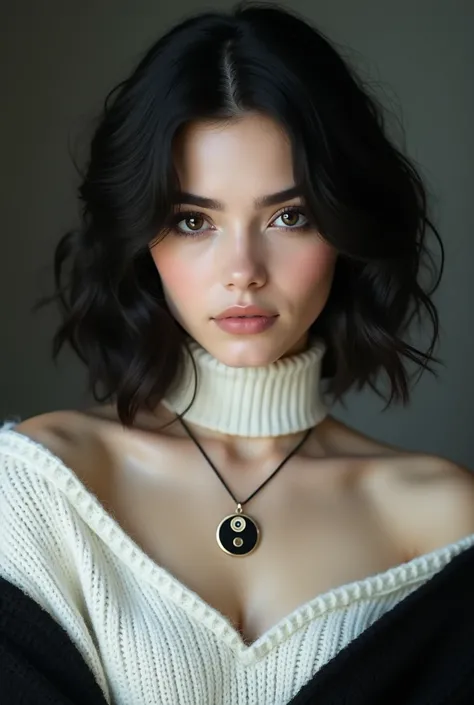 1girl, solo, jewelry, Yin tang metal necklace, black hair, looking at viewer, upper body view, off-shoulder white sweater, breasts, White wool sleeves, black eyes, turtleneck, short wavy hair, closed mouth, Neutral face, Long eyelashes, Black eyeliner, sli...