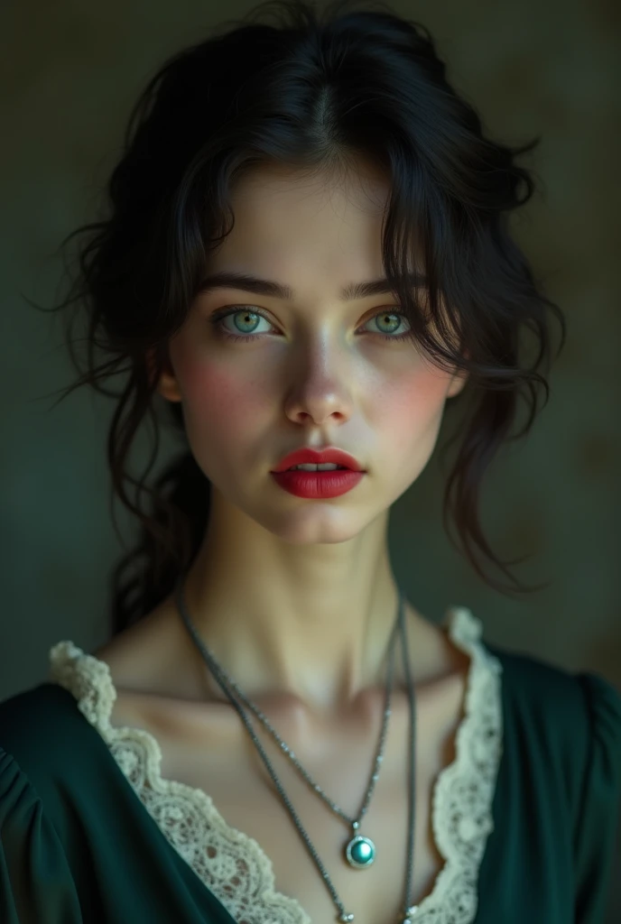   You can create several images of a 17-year-old girl with dark hair , long and curly,  She has sky blue eyes that frame her face elegantly  .   Her skin is pale  ,   with slightly flushed cheeks and intense red lips  , that stands out with subtlety  .   S...