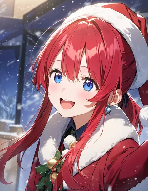 Age 23，        girl、            redhead、            long hair，            ponytail，        single earrings for women  ，        upper body， smile ，  意地悪なsmile，Anime Images，winter，    excited ，  girlの部屋の中，Santa hat， blue eyes，blue earrings side face ， pointi...