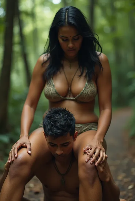 The Malayali woman sits on her servants boys shoulder, women age is 30, large breasts, Wearing micro bikinis, Black Hair, full figure, Drunk, walking, reverse shoulder ride, wearing shoes ,hill areas, singing,  close up, dancing, Forest, sitting on chairs,...