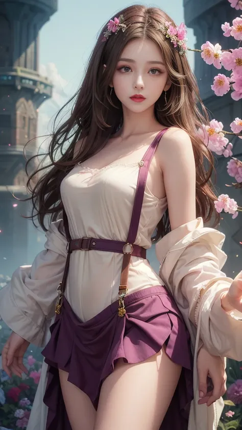 ( Best Quality , 8K,  high resolution, masterpiece:1.2),  Digital Art,  a girl ,  Detailed facial ,  detailed eyes,  brown hair, Long straight hair, Glowing purple eyes,  red lips, suspenders, Fantasy Landscape,  bright colors ,  soft lighting ,  Fantastic...