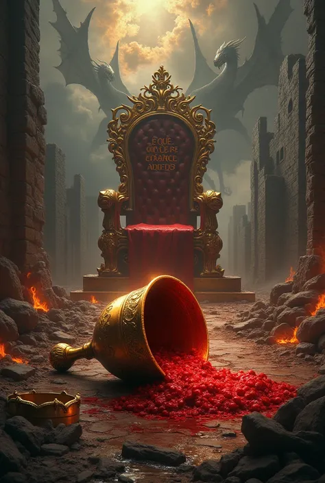  create an image of a fallen golden cup shedding blood and flames , In the background create a destroyed throne ,  write the title The Goblet of Blood and Fire in golden letters in Portuguese, Make the castle destroyed and the sky with dragons , Put weapon...