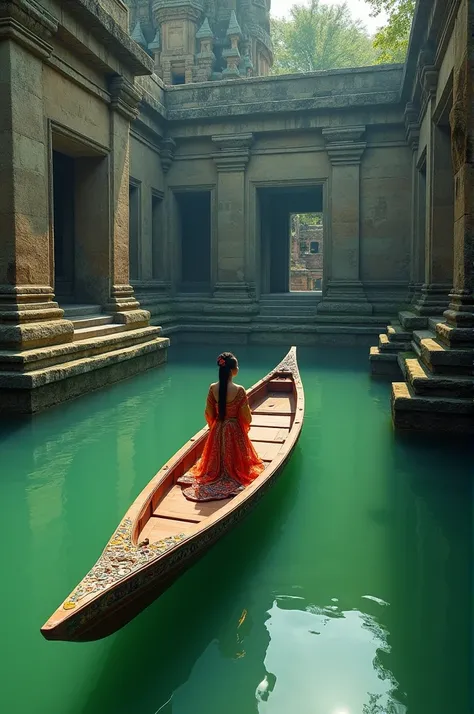 The ancient Khmer art boat has a woman in an ancient Khmer dress sitting in an emerald pool in the middle of a stone castle of ancient Khmer art.