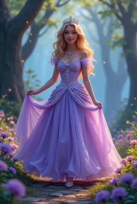 "A beautiful  in a lavender princess dress covered with shimmering gemstones, walking confidently on a flower-strewn path in an enchanted forest. The background features glowing fireflies and towering trees with sparkling leaves."