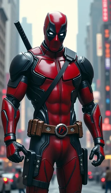 Ultron wearing deadpool armor ,real image, in city