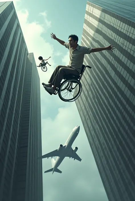 Wheelchair man falling from a tower with a flat roof as a plane crashes into the identical tower next door and with a skinny Japanese dark-haired and dwarf on top of the plane as if the plane were a horse