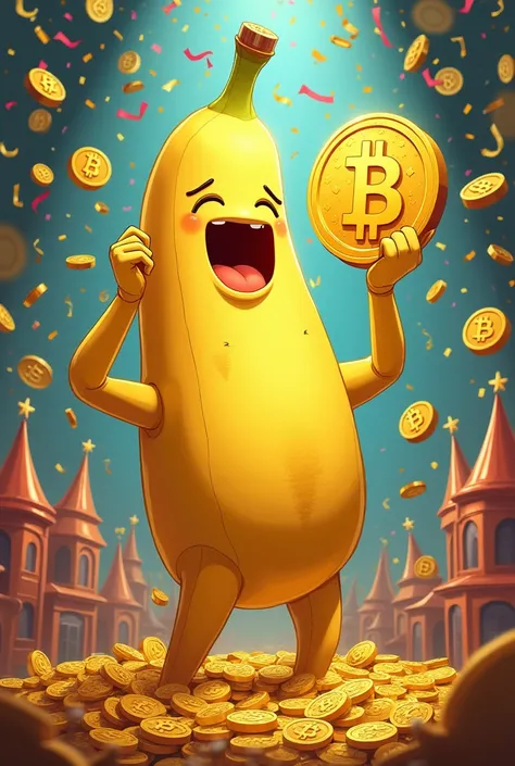 Giant banana holding a 100k bitcoin coin celebrating at a party with lots of coins 