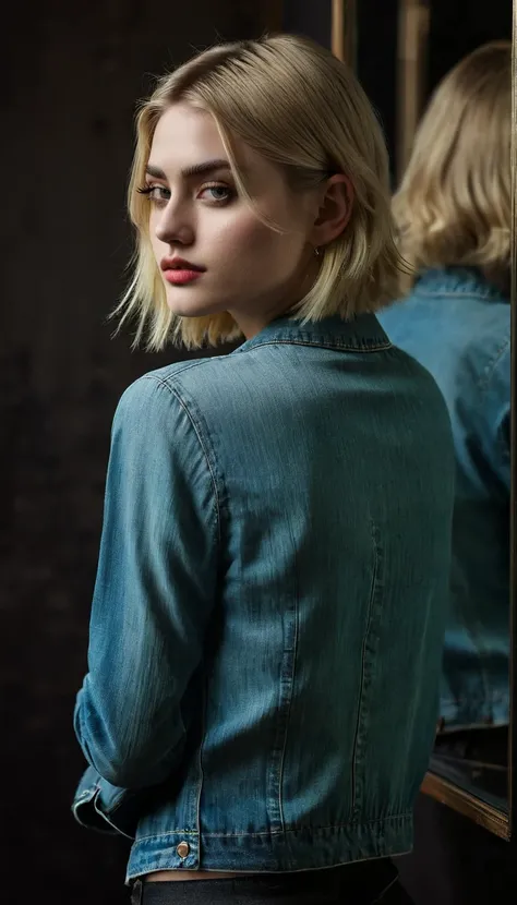  top quality, 写真品質,  Alvin Langdon Cobain ，
 beautiful young female model ，Blonde, Simple dark background，Light and Dark，Ultra-fine details，The rear view is in the mirror , 4K