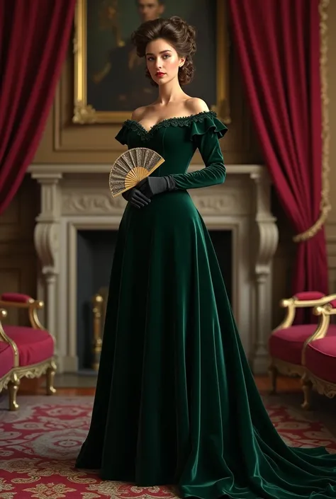 A 19th century aristocrats wearing an elegant dark green velvet gown standing in front of a grand fireplace  her hair is styled in tight curls and she holds a small intricately designed fan in a gloved hand the room is filled with antique furniture and hea...