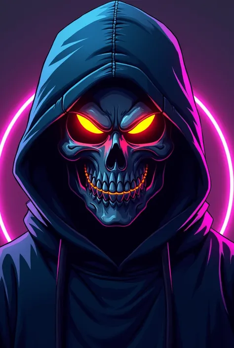 Create videogamer logo, for the gamertag name ((OsirisKhan)). I need the name of the gamertag below, of a character 1 black male, wearing a half skeleton mask,that must have a ninja mask with neon yellow & purple highlights 