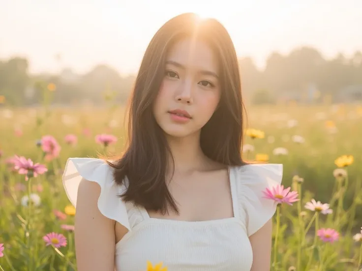 A high-resolution photograph captures an Asian woman with long, straight black hair, wearing a white, sleeveless dress adorned with ruffled shoulders. She stands in a sunlit meadow, surrounded by wildflowers, including pink and yellow blooms. The soft, gol...