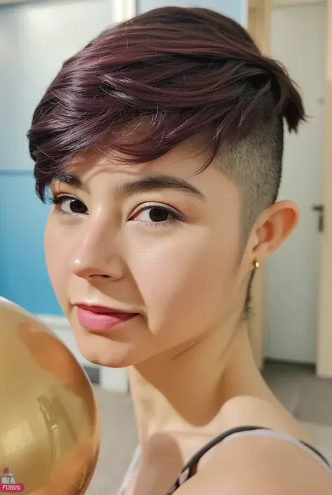 realistic image of a woman with a pixie undercut haircut, (looking at the viewer)
