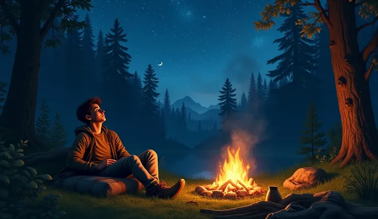 Very young man camping in front of the campfire in the woods looking at the sky lying down 