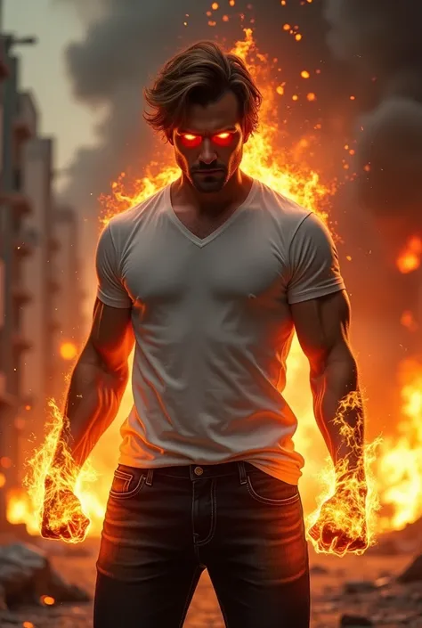  A man with short brown hair, black denim shorts , a white t-shirt, with his fists on fire , eyes the color of fire, a city on fire in the background and a look of fury.