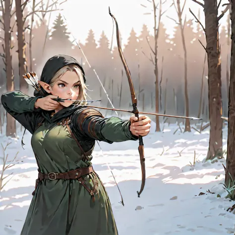 ( Archer,,Female Elf Hunter),Nordic forest background, Black Hooded Cloves,Eyes aim at prey,(bow (arms), Arrow (Projectile), holding bow (arms), aim, holding Arrow, drawing bow,),break,(bow:  structurally correct ),break,(masterpiece:1.3),( top quality:1.4...