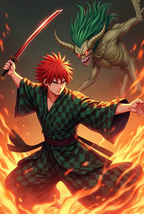 anime guy with red hair in a black and green checkered kimono ,  fights a thin demon with green hair and red eyes. on fire