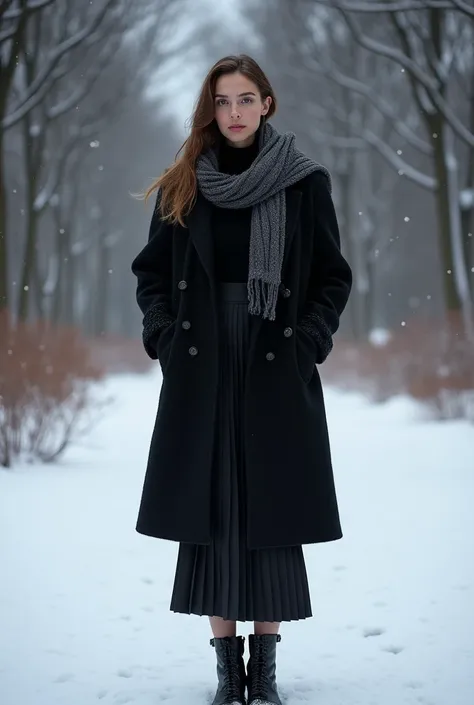 A woman standing outdoors on a snowy night, dressed in a sustainable black wool coat layered over a turtleneck and pleated skirt, accessorized with a knitted scarf and vegan leather boots.