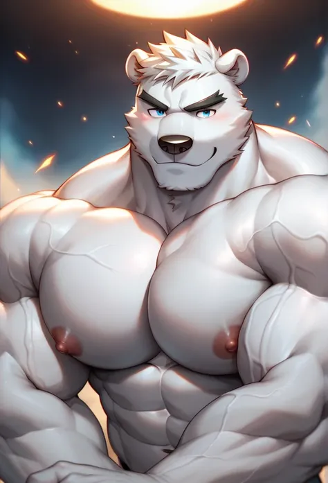 (Best quality),(materpiece), (Bara), (furry), ((Muscular big polar bear with huge pecs)), in army Uniform, (sexy), handsome, (portrait), (anime style),(veiny arm),(strong and mighty, powerful figure), (epic)