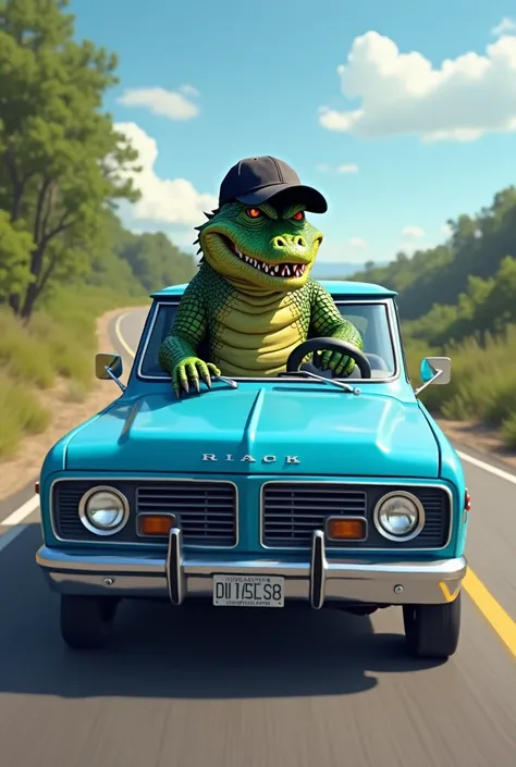 Alligator wearing a black trucker hat driving a cyan blue truck 