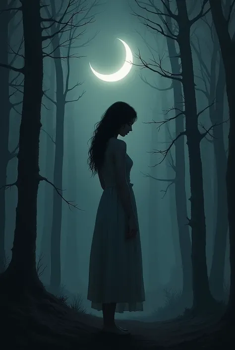 Create an image of a woman standing in a dark forest, with the Waning Moon visible in the sky. The woman should be looking down, with a reflective and contemplative attitude. The moon should be quarter-lit, with a soft, weak light illuminating the forest.