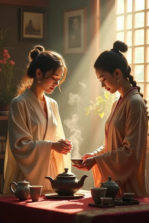 Women making tea with talking withan