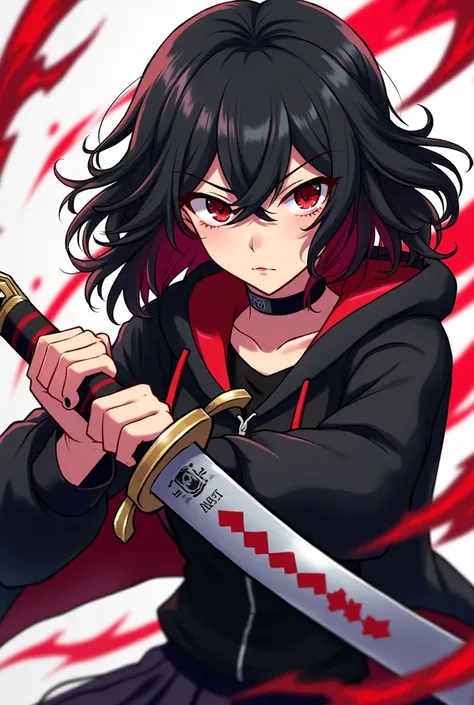 Medium wavy cut hair styler, black hair, red highlights, alone, anime stripes, wielding sword 