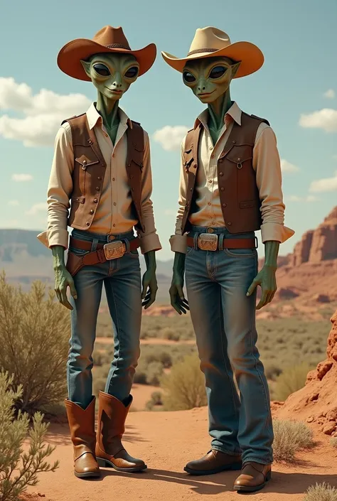 Aliens being wearing cowboy cothes 