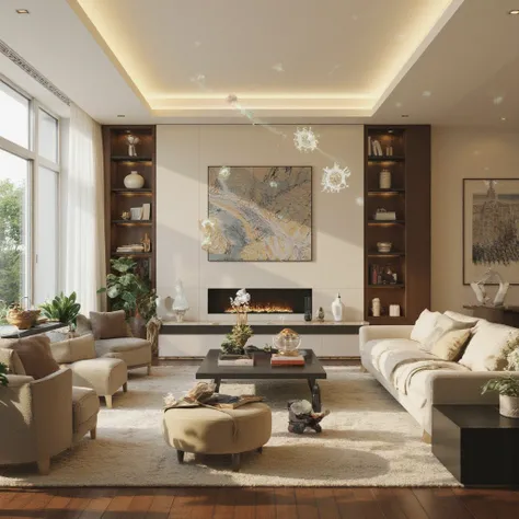 modern interior living room, A few very small viruses floating in the air, masterpiece, best quality, detailed, high resolution, photorealistic