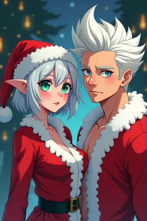  anime style, adult woman short white hair,  elf with a blue right eye and a green left eye, disguised as Santa Claus , and next to him is a tall and muscular boy with white hair with the Liberty style of hair and bright blue eyes,And the boy is disguised ...