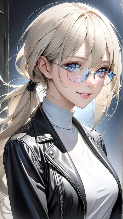 solo。
  realistic drawing。 high image quality。 High Quality 。 Digital Painting 。Pale colors。

（Beauty、 Slender。）
（Leather jacket）
（ platinum blonde :1.5、 low ponytail）
（Droopy eyes。 blue and gray gradation eyes。 Underrim Glasses、RECTANGLE ）
Alluring。 smile...