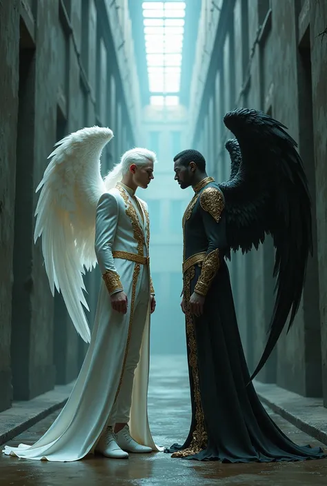  Hello could you create an image about an angel with white hair,  blue eyes and white skin ,  dressed in a white suit with gold lace ,  looking arrogantly at an angel with black wings , black hair and white skin, dressed as a king , red eyes and intimidati...