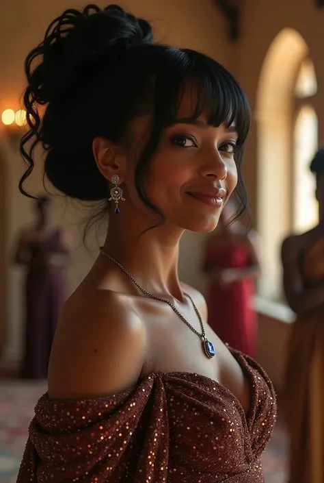 Female vampire in her early 20s with white skin tone, voluminous black hair thats tied in a bun with a few bangs hanging down the sides of her face, crimson eyes, wearing a brown and maroon traditional African royal sparkly dress, great physique, great bea...