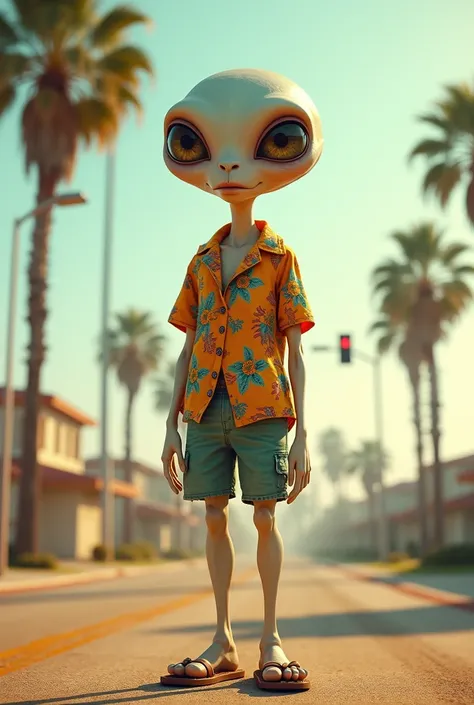 Alien being wearing Californian clothes