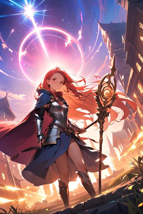 1 girl, (radiant face), young adult, wavy long hair, (inspired expression:1.3), small breasts, petite, (wearing a flowing cloak and armor), knee-length, (noble stance),  
   BREAK  
   on a hilltop, gazing down at a magical city, (holding a staff:1.2), vib...