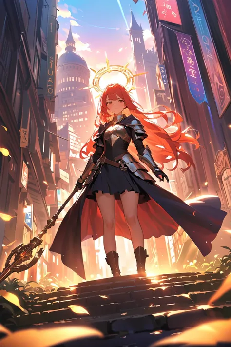 1 girl, (radiant face), young adult, wavy long hair, (inspired expression:1.3), small breasts, petite, (wearing a flowing cloak and armor), knee-length, (noble stance),  
   BREAK  
   on a hilltop, gazing down at a magical city, (holding a staff:1.2), vib...