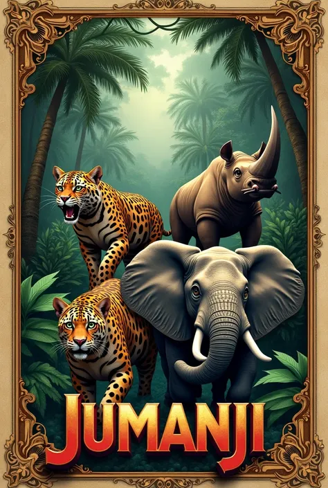 Jumanji themed ticket with a snake,jaguar,rhinoceros,elephant 