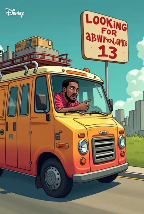 Generate a Disney cover that a black man in a black van says “Looking for boys of 13” in Spanish BUT DO IT RIGHT 