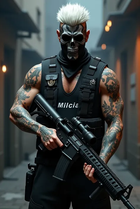 A white-haired 3D male character wearing a black skull mask is tattooed wearing a black vest written MILICIA and holding a rifle and in the background written GTAv.