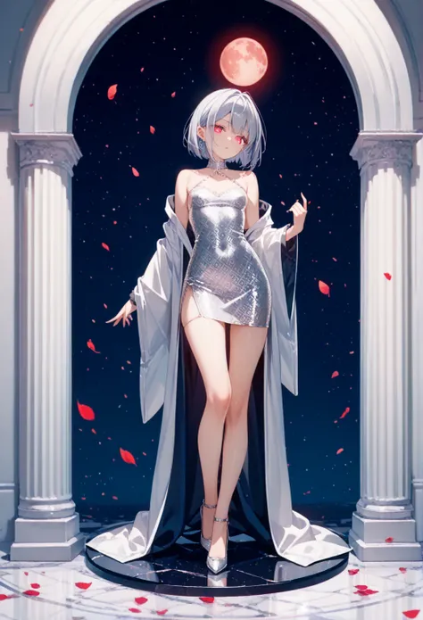 intricate details, delicate features,1girl, Alone,silver hair, red glowing eyes, bob cut sharp facial features, breasts,porcelain skin,small breasts,1girl, solo,jacquard dress ,high heels,night view,moon,sakura