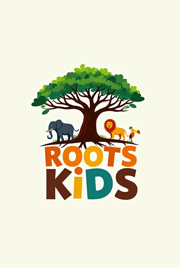 "Design a vibrant and playful logo for a s YouTube channel called Roots s. The logo should feature an African baobab tree as the central element, with colorful leaves and roots extending outward. Incorporate lively animal silhouettes, such as an elephant, ...