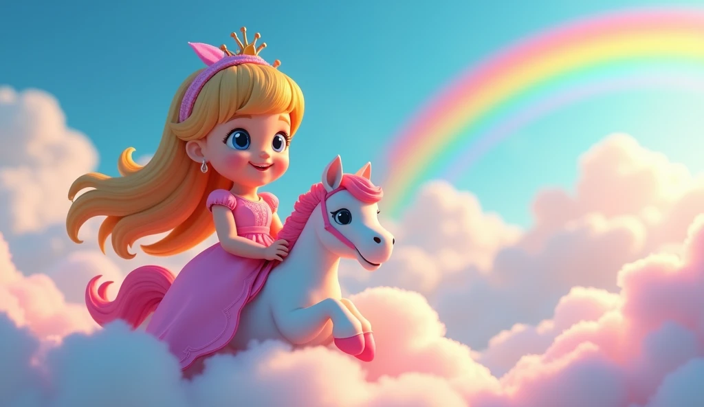 a beautiful little princess wearing a pink color dress holding a magic little painted brush, riding a colorful union pony over a rainbow in the sky. The background of many clouds as in kayangan , 3D Animation