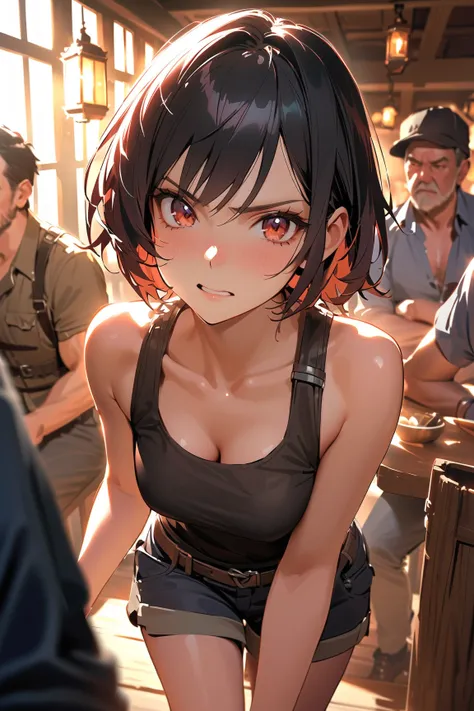 1 girl, (angry face), young adult, short bobbed hair, (defiant expression:1.3), medium breasts, fit, (wearing rugged adventurer attire), knee-length, (assertive stance),  
   BREAK  
   in an adventurer guild tavern, surrounded by wooden tables, (arguing w...