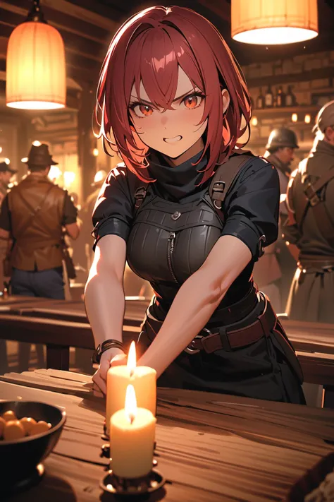 1 girl, (angry face), young adult, short bobbed hair, (defiant expression:1.3), medium breasts, fit, (wearing rugged adventurer attire), knee-length, (assertive stance),  
   BREAK  
   in an adventurer guild tavern, surrounded by wooden tables, (arguing w...