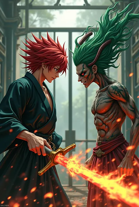  anime guy with red hair in a black and green kimono in a cage with a sword on fire ,fights an anime demon with horns out of a thin head with green hair facing each other