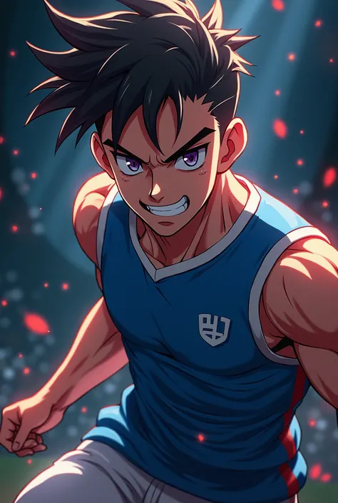 Create a very muscular soccer player , From Aparecia Jovem ,  with a frightening aura behind him and him looking angry and smiling,  in the style of the anime Blue Lock